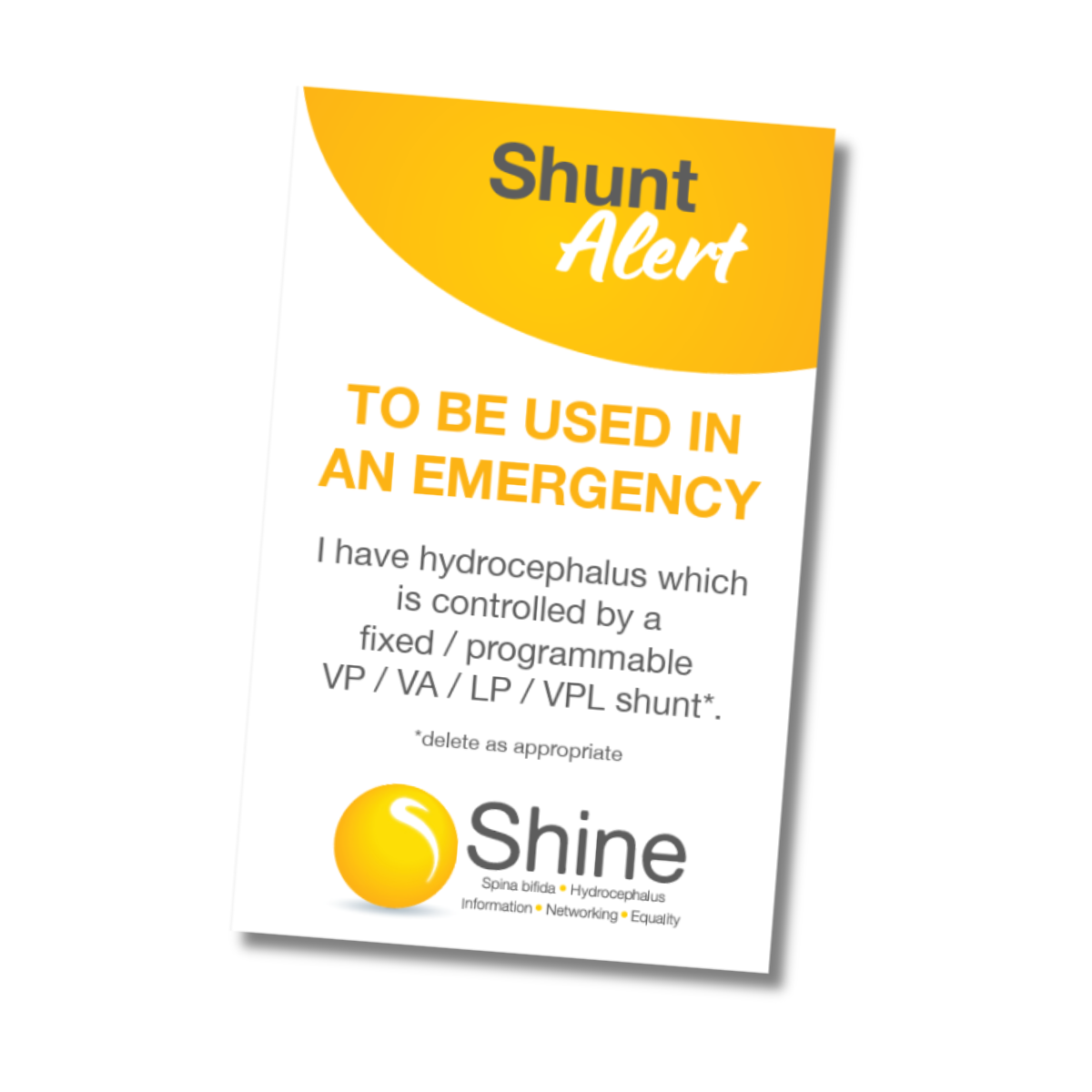 Shunt Alert Card - Hydrocephalus - for adults