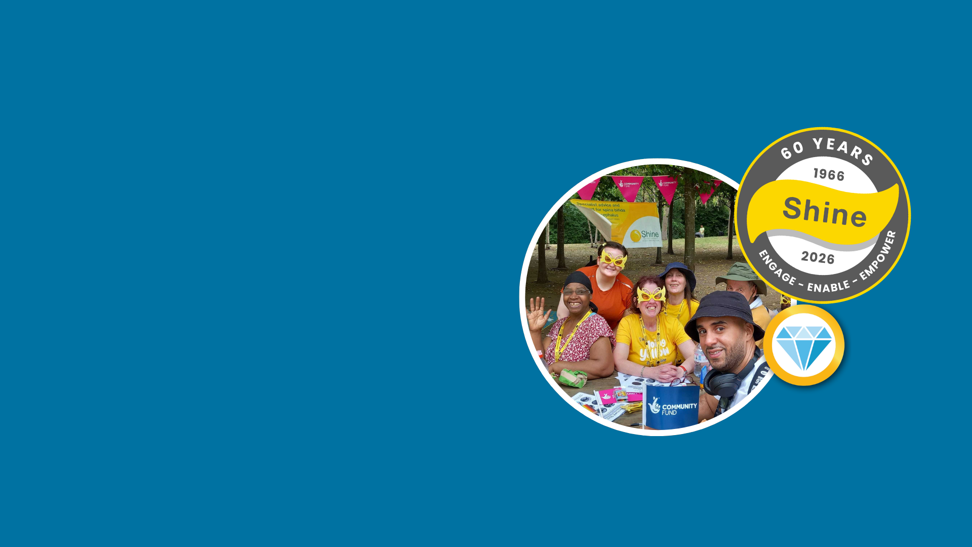 A blue graphic background with a circular photo collage on the right showing a group of people outdoors and two award-style badges, one reading '60 Years Shine 2026' and another with a diamond icon.