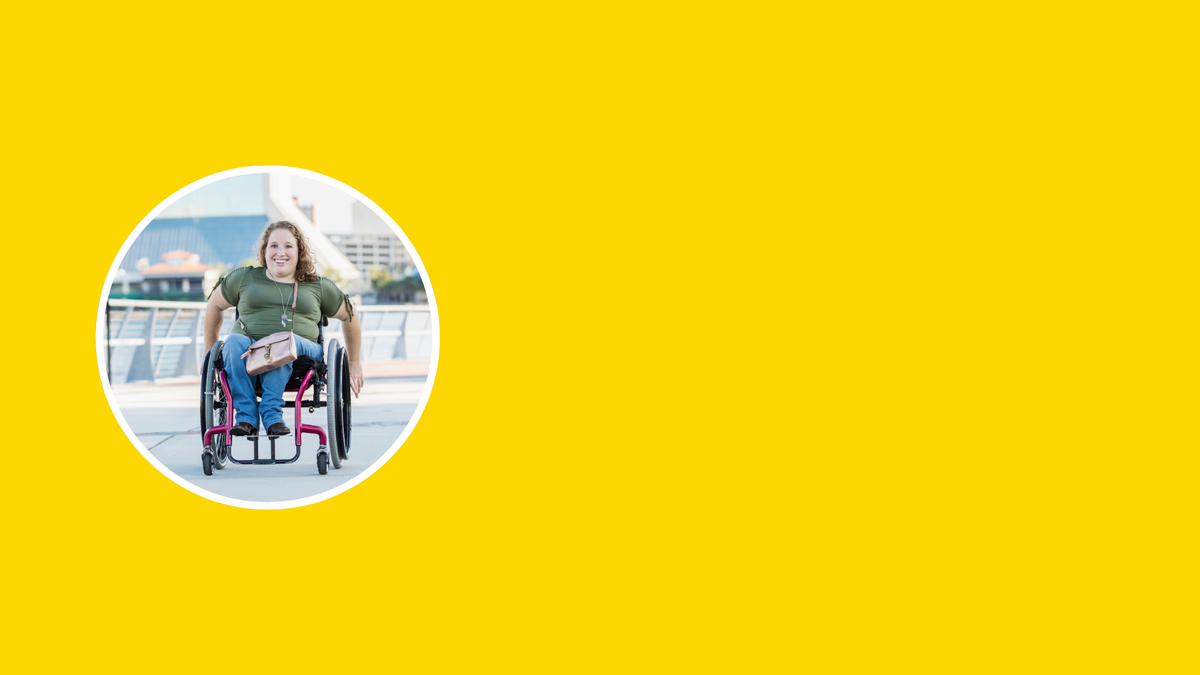 A bright yellow square graphic with a circular inset photo on the left showing a woman in a wheelchair outdoors.