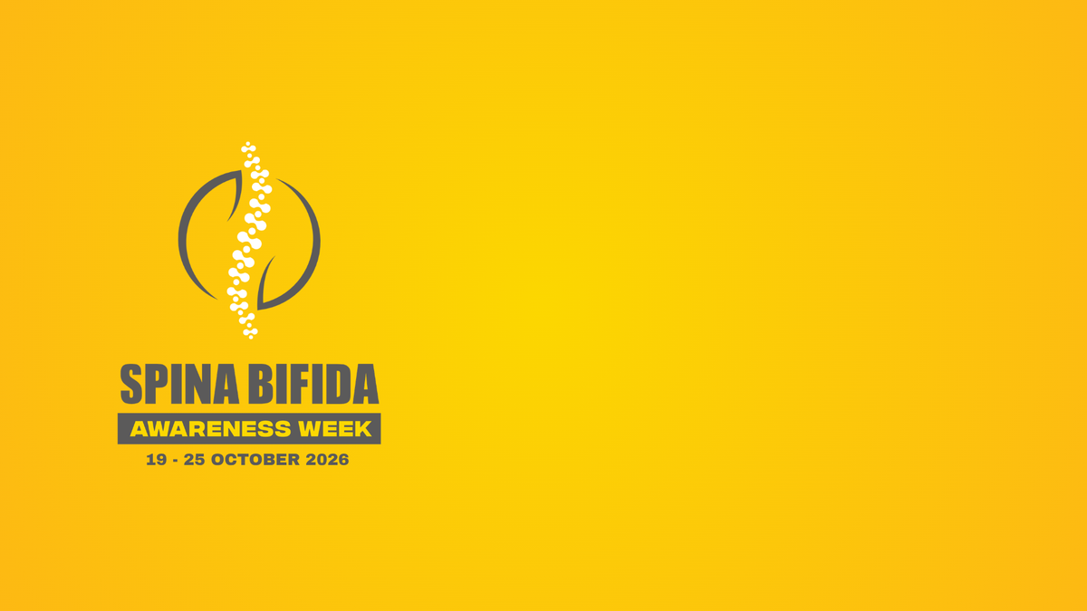 Yellow awareness graphic for Spina Bifida Awareness Week, with a dark gray logo and text on the left side reading 'SPINA BIFIDA AWARENESS WEEK 19 - 25 OCTOBER 2026'.